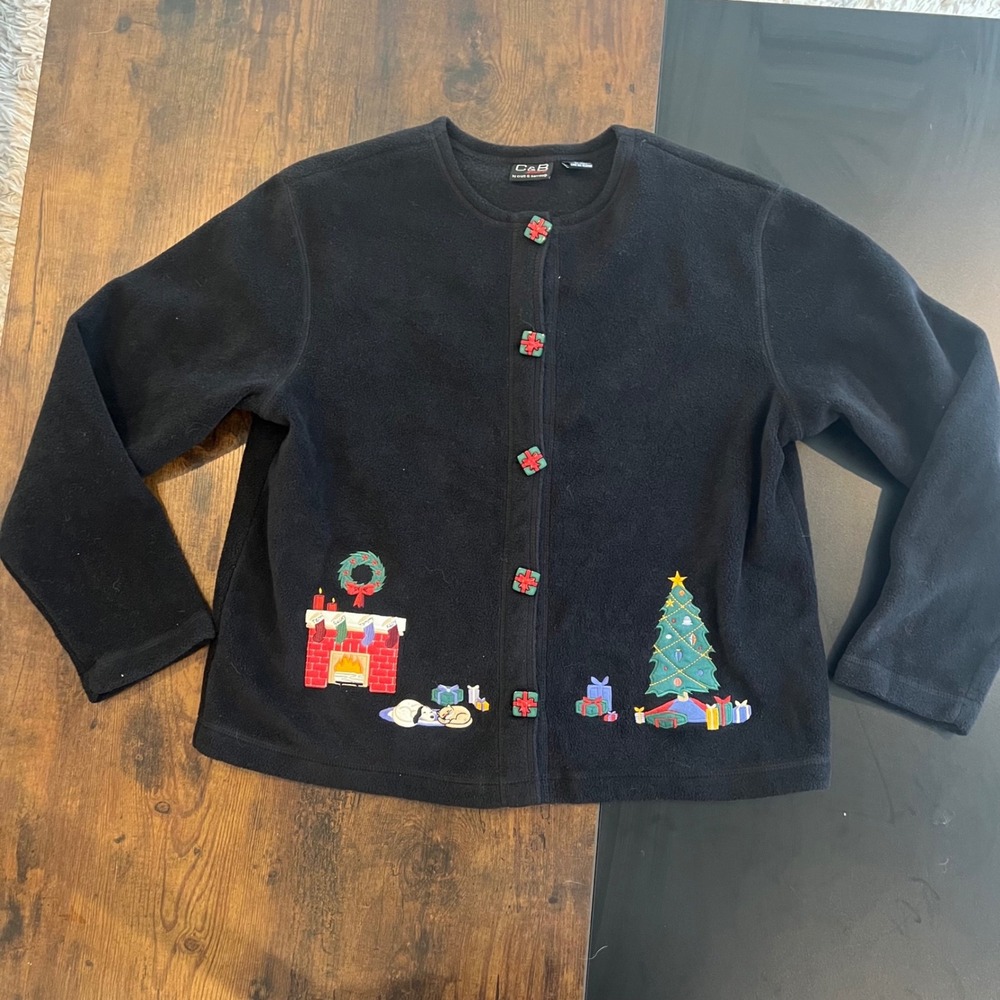 C&B Sport Croft & Barrow Black Fleece Christmas‎ Cardigan Embroidered Medium